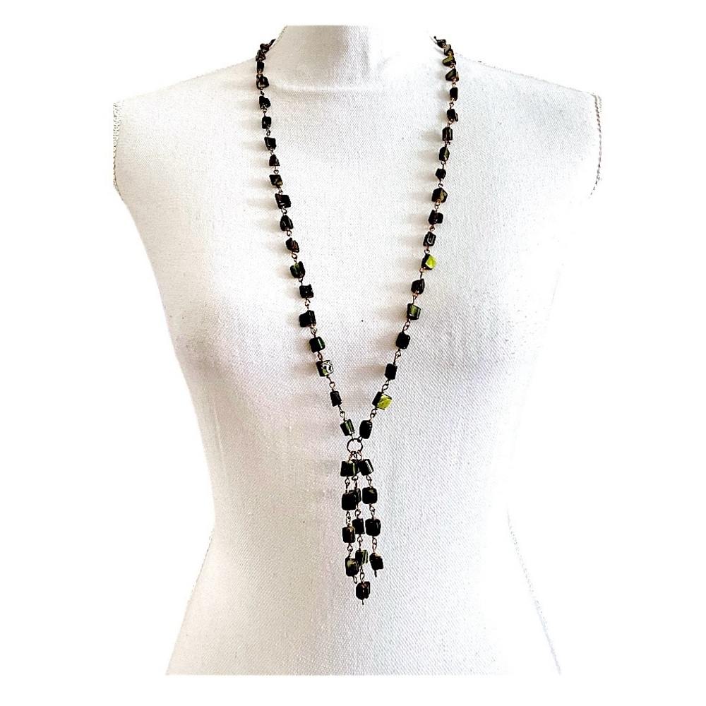 Lovely Vintage Black Rainbow Shell Beaded Long Lariat Tassel Necklace